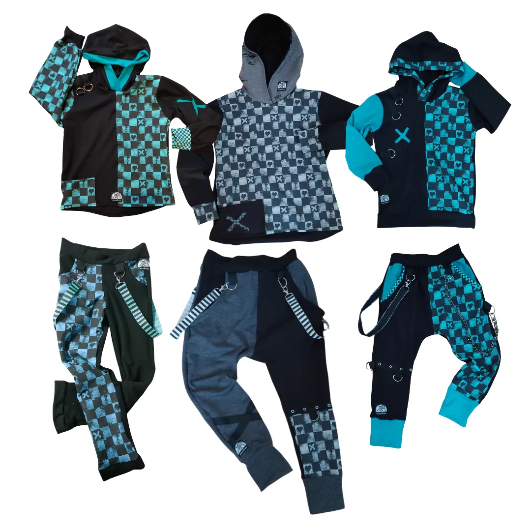 Checkered XO Jogger Kids Pants in Charcoal or Teal Unisex Style
