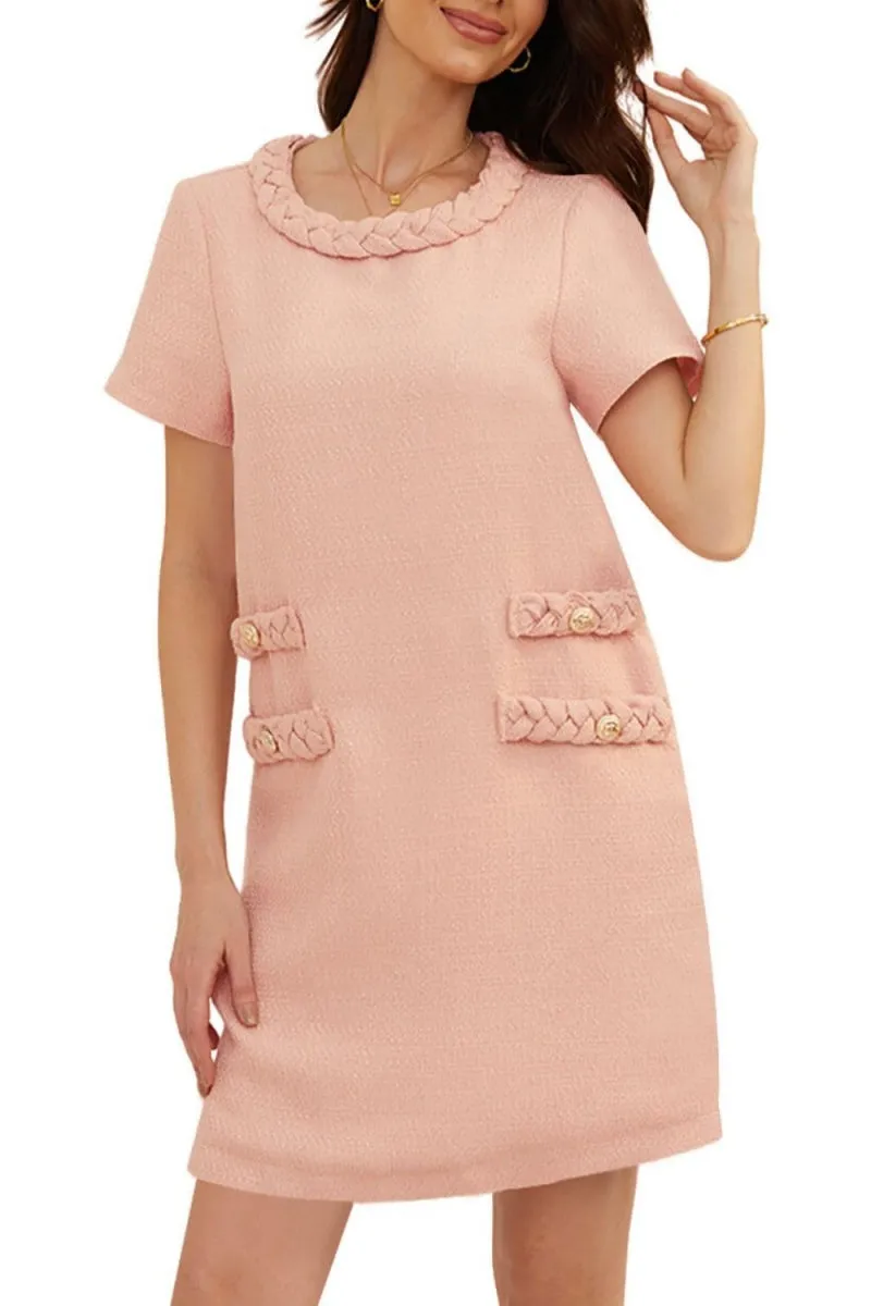 Chouyatou Women's Short Sleeve Crew Neck Tweed Dress A-line Button Part Elegant Mini Dresses