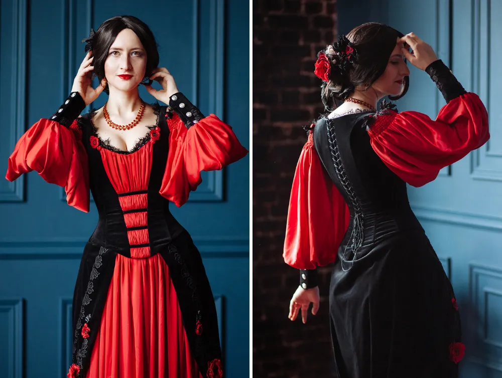 Edwardian style red and black velvet dress  | Ready to ship