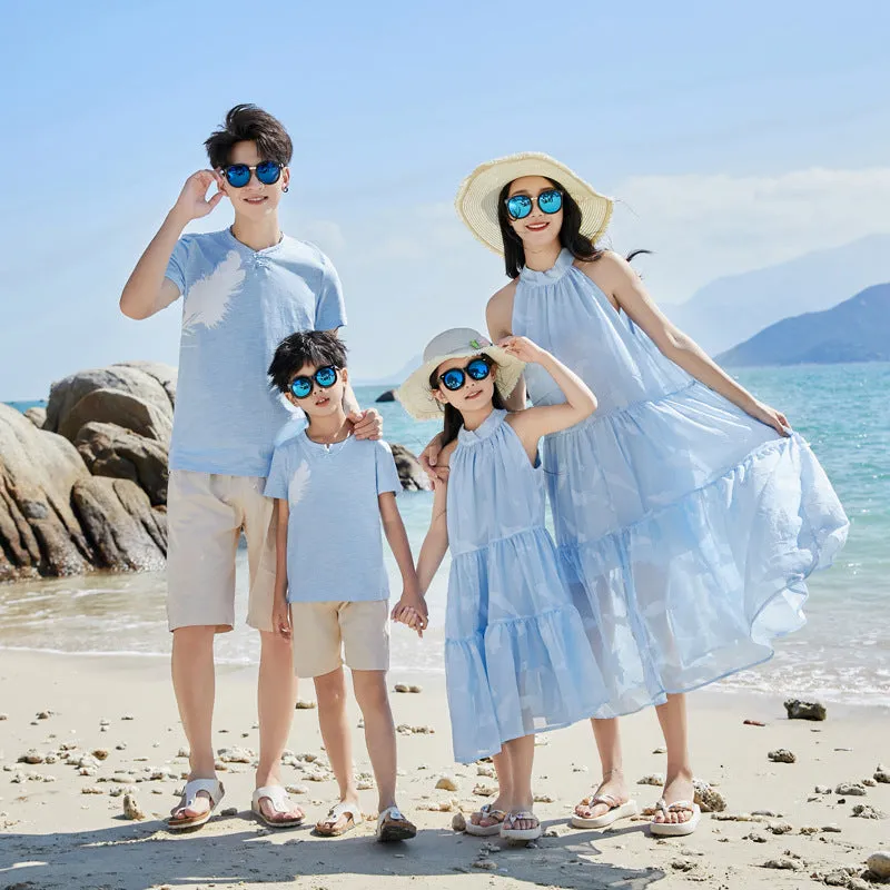 Elegant Matching Family Outfits  Light Blue Halter Dresses & Casual T-shirt Set for Summer