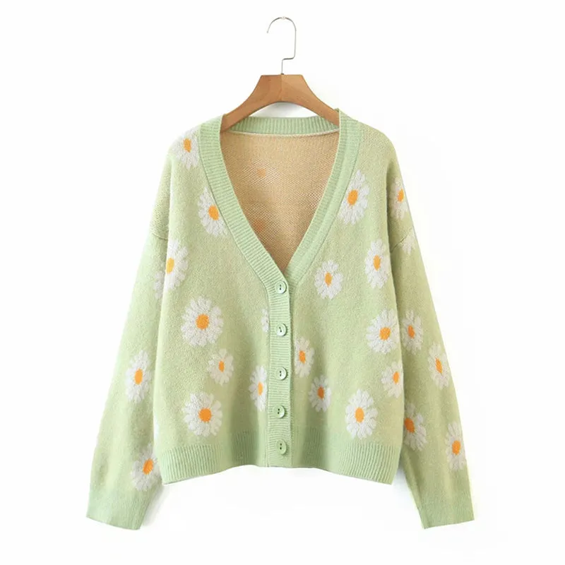 LIGHT-COLORED DAISY JACQUARD KNITTED CARDIGAN UB2712