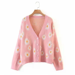 LIGHT-COLORED DAISY JACQUARD KNITTED CARDIGAN UB2712