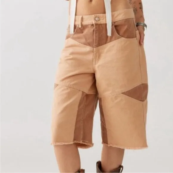 Urban Outfitters BDG Skater Girl Denim Short Seamed Sand Tan Brown New 29 Waist